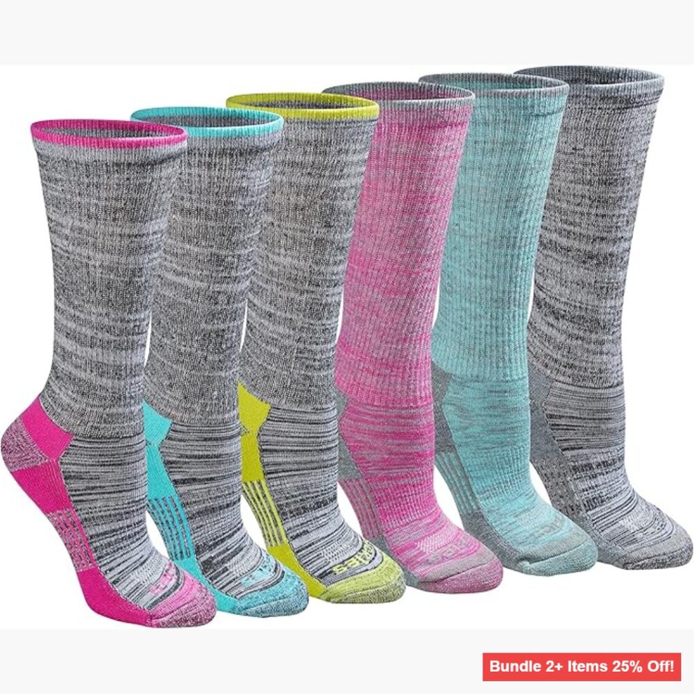 Moisture Wicking Crew Socks, 6-Pack, Athletic Fit, Polyester Blend